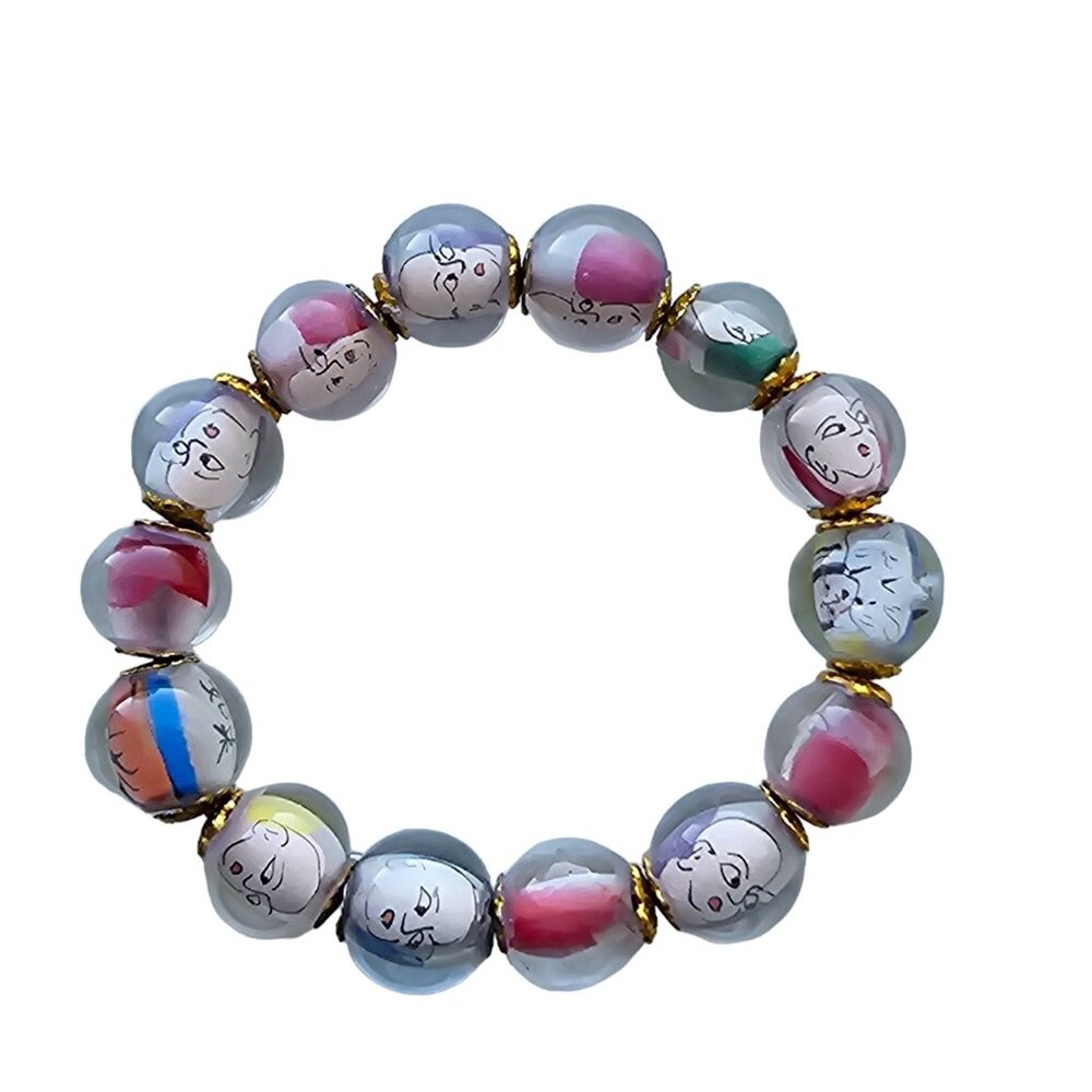 Vintage Chinese Reverse Painted Glass Buddha Beads on Stretch Bracelet